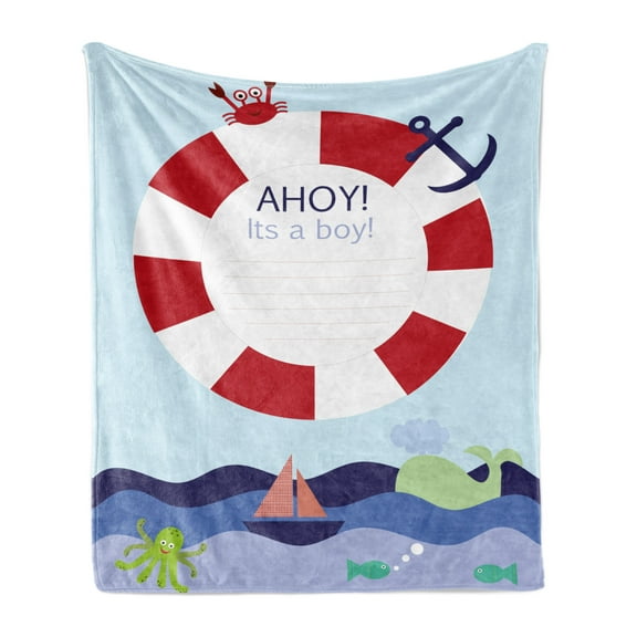 Ahoy Its a Boy Soft Flannel Fleece Throw Blanket, Announcement Card Inspired Composition Maritime Funny Sea Animals Theme, Cozy Plush for Indoor and Outdoor Use, 50" x 60", Multicolor, by Ambesonne