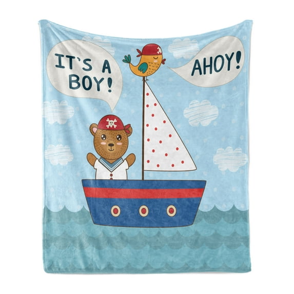 Ahoy Its a Boy Soft Flannel Fleece Throw Blanket, Baby Shower Theme It's a Boy in Nautical Style Bear and Bird in Boat, Cozy Plush for Indoor and Outdoor Use, 60" x 80", Multicolor, by Ambesonne
