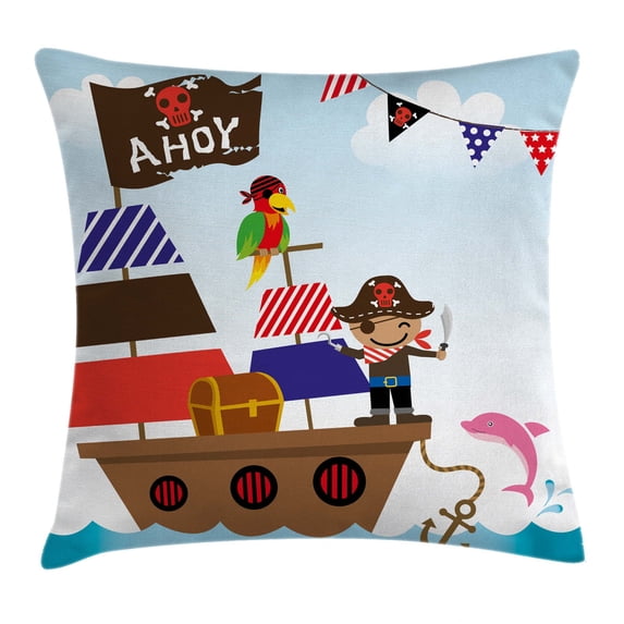 Ahoy Its a Boy Throw Pillow Cushion Cover, Cute Pirate Kids Treasure Chest with Ship on Ocean Background Illustration, Decorative Square Accent Pillow Case, 20 X 20 Inches, Multicolor, by Ambesonne