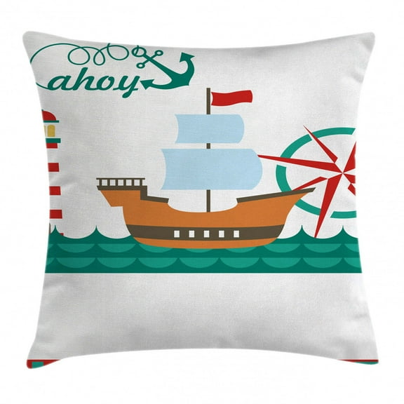 Ahoy Its a Boy Throw Pillow Cushion Cover, Sail Boat on Sea Waves Lighthouse and Compass Anchor Icons Celebration, Decorative Square Accent Pillow Case, 16 X 16 Inches, Teal Brown Red, by Ambesonne