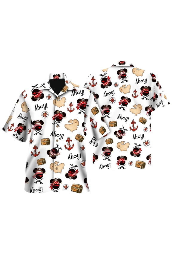 Ahoy Mickey Minnie Pirate Disney Hawaiian Shirt, Mickey And Friends Tropical Flowers Button Up, Mickey Short Sleeve Button Up, Beach Shirt