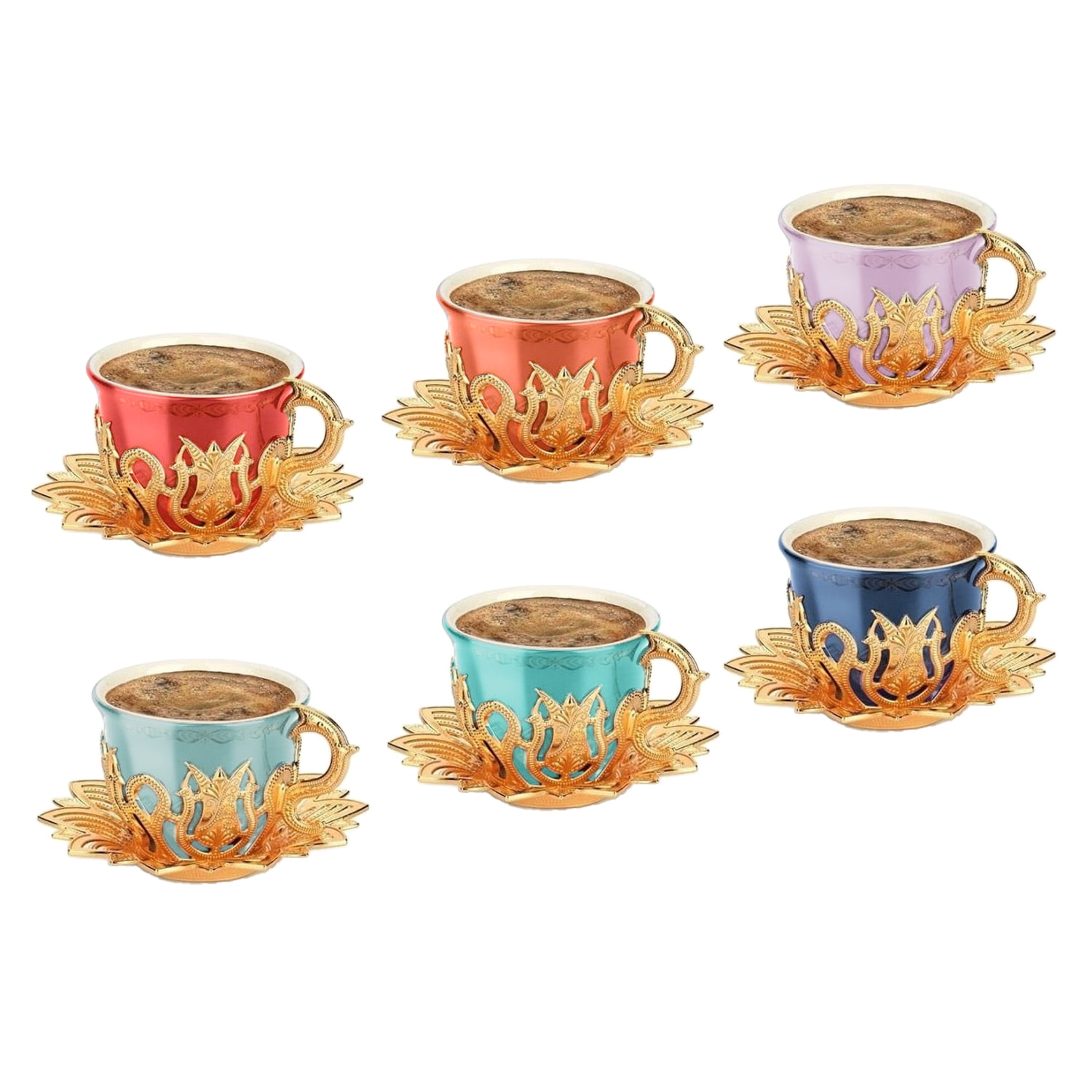 Ahsen Turkish Coffee Cup Set of 6 with Gold Metal Saucers and Holders,  18-Piece Colorful Espresso Coffee Cups, Handcrafted Arabian Greek Turkish  ...