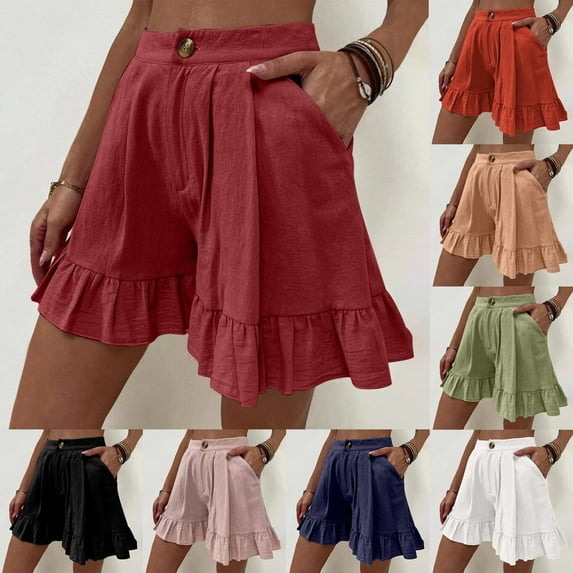 Ahuyic Athletic Shorts for Women,Womens Running Shorts,Womens Fashion Solid Color Casual Wide Leg Ruffle Loose High Waist Shorts Pants