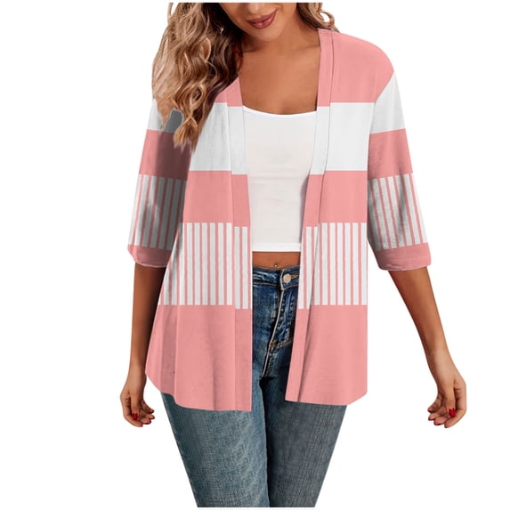 Ahuyic Fall Womens Blouse,Cardigan Three Quarter Sleeve Printed Loose Casual Top For Fall Winter,Pink,XXL