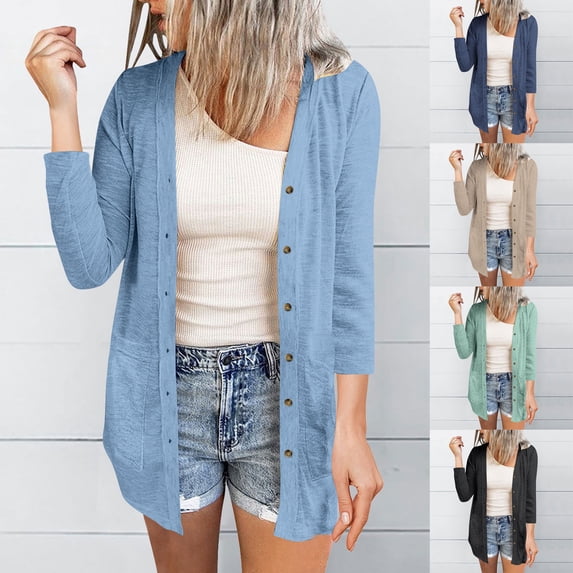 Ahuyic Fall Womens Coats,Cardigan Three Quarter Sleeve Solid Color Casual Blouse For Fall Winter,Dark Blue,XL