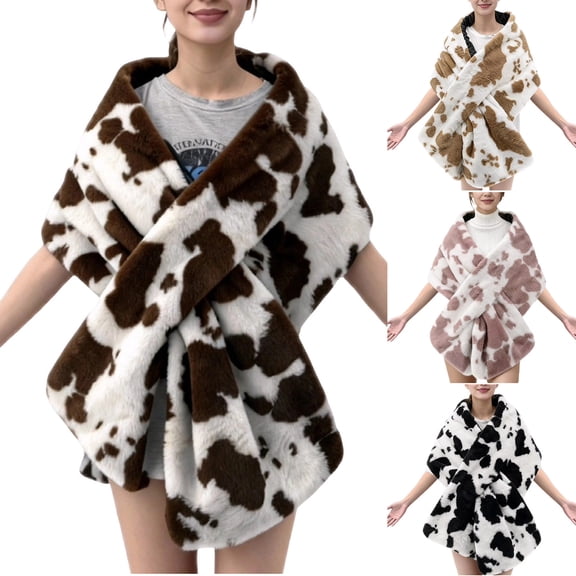 Ahuyic Fall Womens Coats,Shawl Jacket Long Sleeve Cow Print Casual Coat For Winter,Khaki,Free Size