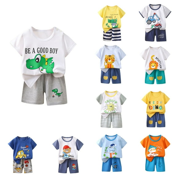 Ahuyic Kids Summer Casual Outfits,Unisex Toddler Short Sleeve Two-Piece Set,Boys' Casual Short-Sleeved Round Neck Suit Summer Fashion Collared Botton Printed Short Pants Sets