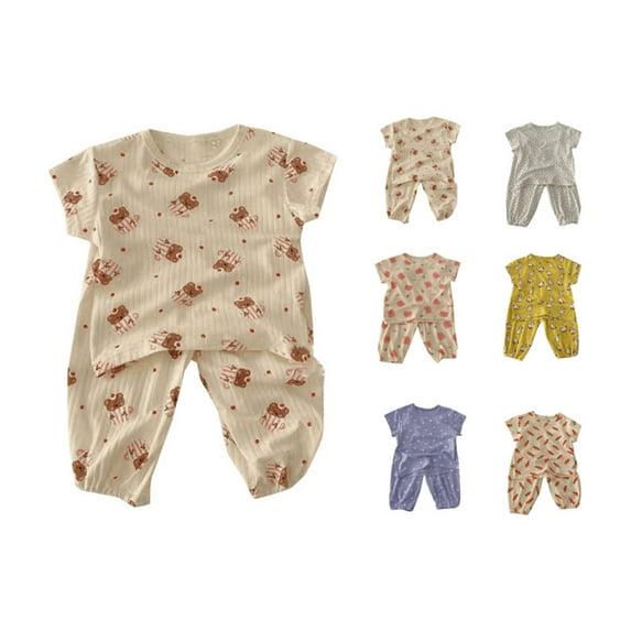 Ahuyic Summer Toddler Kids Clothing Set Shirt and Short Pants Set Boys Girls Printed Round Neck 2 Piece Outfits Children's Casual Set 6 Years Beige