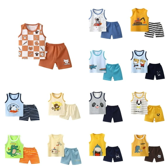 Ahuyic Summer Toddler Kids Clothing Set,Shirt and Short Pants Set Boys Girls Printed Round Neck 2 Piece Outfits Children's Casual Set 120 Yellow