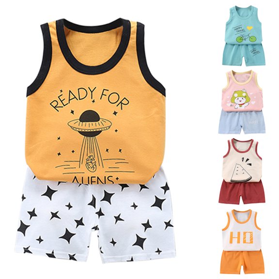 Ahuyic Kids Summer Casual Outfits,Boys Girls Sleeveless Two-Piece Set,Toddler Kids Baby Boys Girls Fashion Cute Sleeveless Vest Shorts Print Casual Suit