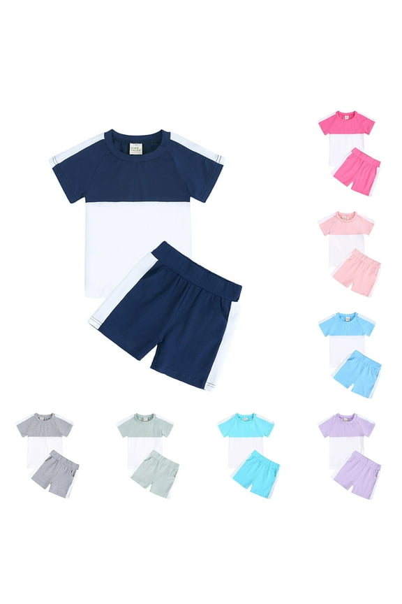 Toddler Casual Pajama Outfit Sets,Boys Girls 2 Piece Outfits,Girl's Solid Color Threaded Round Neck Short Sleeved And Shorts Two-Piece Set,Light Blue,70