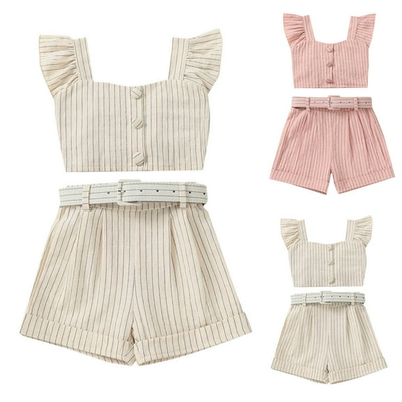 Ahuyic Toddler Casual Pajama Outfit Sets,Boys Girls 2 Piece Outfits,Girls' Mesh Short Sleeved Fashionable Open Button Leather Nail Bead Cake Skirt,Pink,2 Years