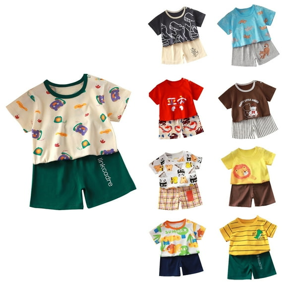 Ahuyic Toddler Casual Pajama Outfit Sets,Boys Girls 2 Piece Outfits,Children's Summer Home Clothing Round Neck Short Sleeved Shorts Two-Piece Set,Khaki,120