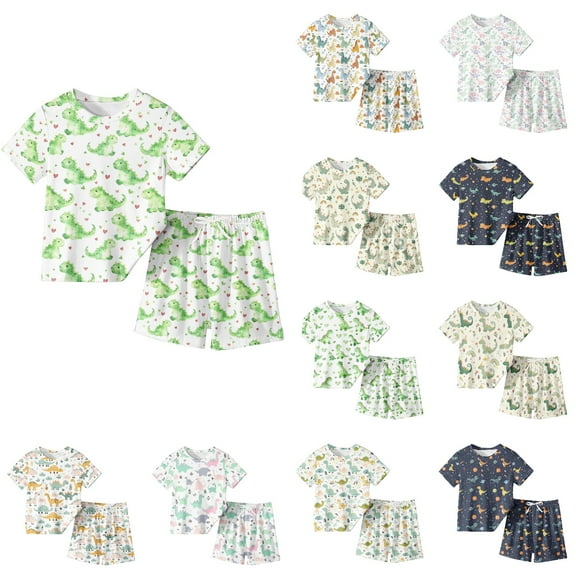 Ahuyic Summer Boys Girls 2 Piece Outfits,Toddler Kids Casual Clothing Set,Children's Round Neck Short Sleeved Top Elastic Waist Shorts Casual Home Suit Set,Blue,18 Months