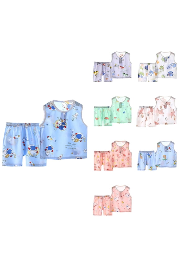 Toddler Casual Pajama Outfit Sets,Boys Girls 2 Piece Outfits,Summer Children's Silk Sleeveless Conditioned Home Clothing For Boys And Girls,Green,100