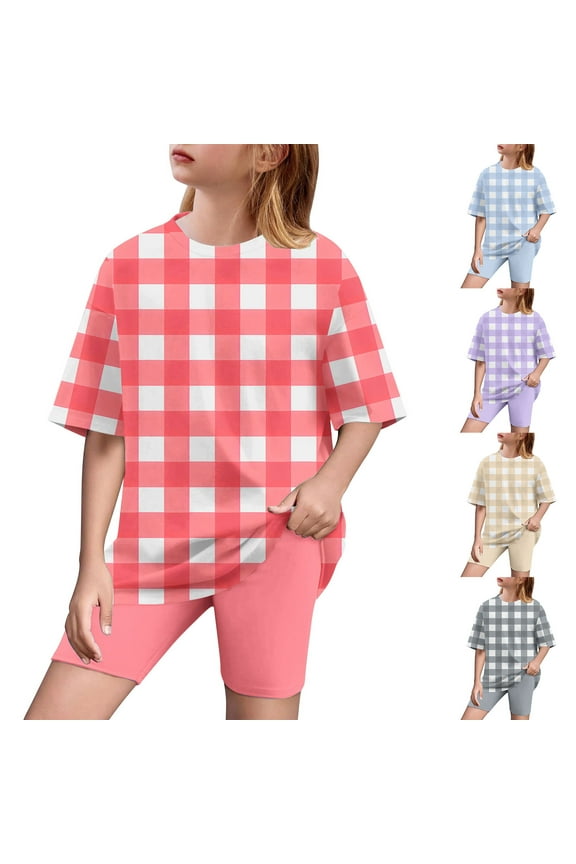 Toddler Casual Pajama Outfit Sets,Boys Girls 2 Piece Outfits,Toddler Kids Boys Fashion Cute Lattice Print Loose Soft Short Sleeve Yoga Shorts Suit,Red,5 Years
