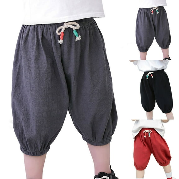 Ahuyic Kids Summer Pants,Casual Pants for Girls,Boys And Girls' Lantern Pants Solid Color Cotton And Linen Baby Five Quarter Pants