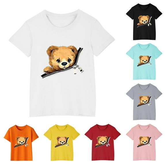 Ahuyic Kids Summer Short Sleeve Tops,Summer Casual Tops for Kids,Toddler Kids Boys Girls Bear Print T-shirt Fashion Cute Round Neck Print Short Sleeve Top