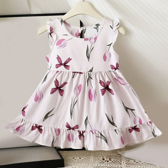 Ahuyic Little Girl Summer Casual Dress,Sleeveless Dresses for Kids,6 Months -11Years Girls Summer Thin Printed Fly Sleeve Round Neck Dress Beach Skirt