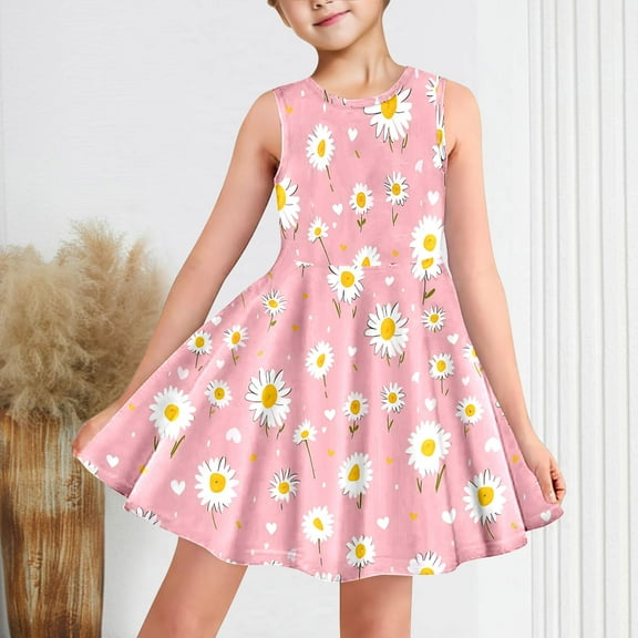 Ahuyic Little Girl Dresses,Kids Summer Casual Dresses,Fashionable Full-print Children's Round-neck Sleeveless Dress With Pockets For Middle And Large Children