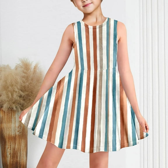 Ahuyic Little Girl Dresses,Kids Summer Casual Dresses,Fashionable Full-print Children's Round-neck Sleeveless Dress With Pockets For Middle And Large Children