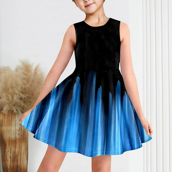 Ahuyic Little Girl Dresses,Kids Summer Casual Dresses,Fashionable Full-print Children's Round-neck Sleeveless Dress With Pockets For Middle And Large Children