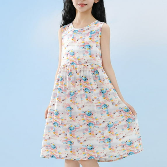 Ahuyic Little Girl Summer Casual Dress,Sleeveless Dresses for Kids,Girl's Sleeveless Dress Breathable Princess Dress Children's Home Nightgown