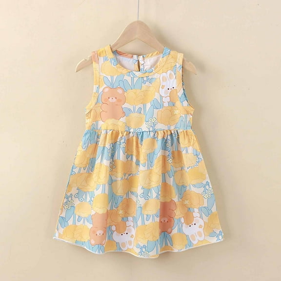 Ahuyic Little Girl Summer Casual Dress,Sleeveless Dresses for Kids,Summer Toddler Baby Girls Sleeveless Dress Graphic Print Flying Sleeve Dress