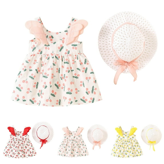 Ahuyic Little Girl Summer Casual Dress,Sleeveless Dresses for Kids,Toddler Kids Baby Girls Fashion Cute Sleeveless Sweet Flower Print Ruffle Dress Hat Set