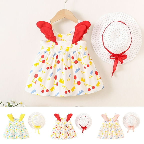 Ahuyic Little Girl Summer Casual Dress,Sleeveless Dresses for Kids,Toddler Kids Baby Girls Fashion Cute Sleeveless Sweet Print Ruffle Dress Hat Set