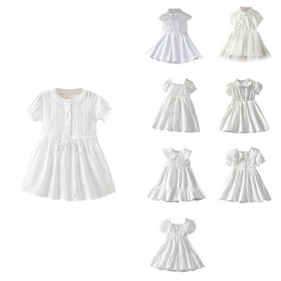 Ahuyic Little Girl Dresses,Summer Casual Dresses for Kids,Summer New Solid Color Skirt For Girls Lace Edging Doll Collar Short Sleeve Collar Dress Shirt Skirt