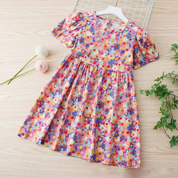 Ahuyic Little Girl Dresses,Summer Casual Dresses for Kids,Summer Toddler Baby Girls Short Sleeve Dress Graphic Print Puff Sleeve Dress