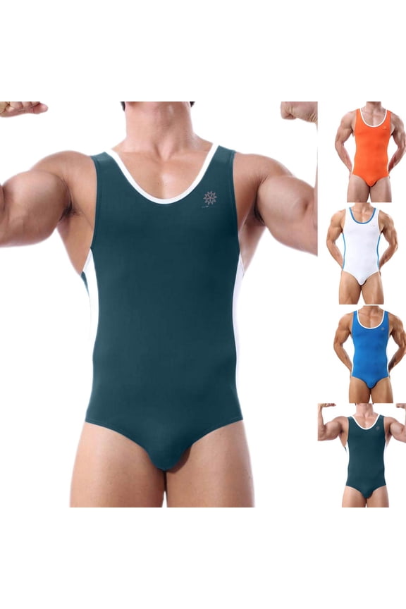 Mens One Piece Swimsuits,Mens Patchwork Solid Color Sports Breathable High Elasticity Swimsuit Sets,Blue,L