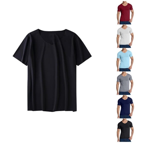 Ahuyic Mens Plus Size Top,Mens Summer Blouse,Mens Solid Color V-Neck Short-Sleeved Pullover T-Shirt Fitness and Outdoor Seamless Stretch Tight White M