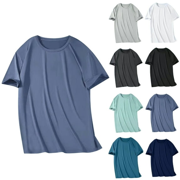 Ahuyic Mens Plus Size Top,Mens Summer Blouse,Summer Mens Casual Fashion Solid Color Round Neck Blouses /T-shirt Black L