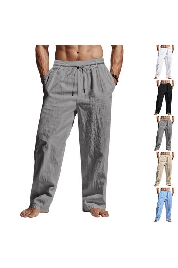Mens Sweatpants,Sweatpants for Men Pants,Mens Solid Color Spring Summer Thin Style Imitation Linen Casual Straight Leg Tie String Solid Color Drawstring Long Pants