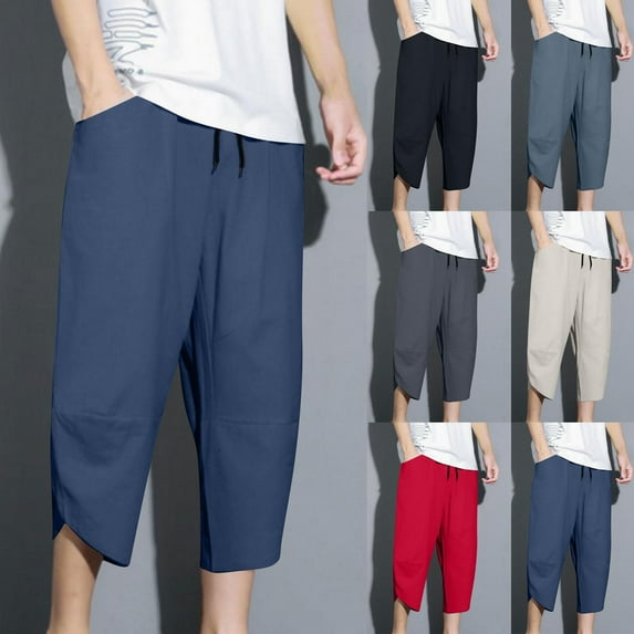 Ahuyic Mens Sweatpants,Sweatpants for Men Pants,Mens Fashion Summer Drawstring Elastic Waist Casual Solid Color Capris Pants