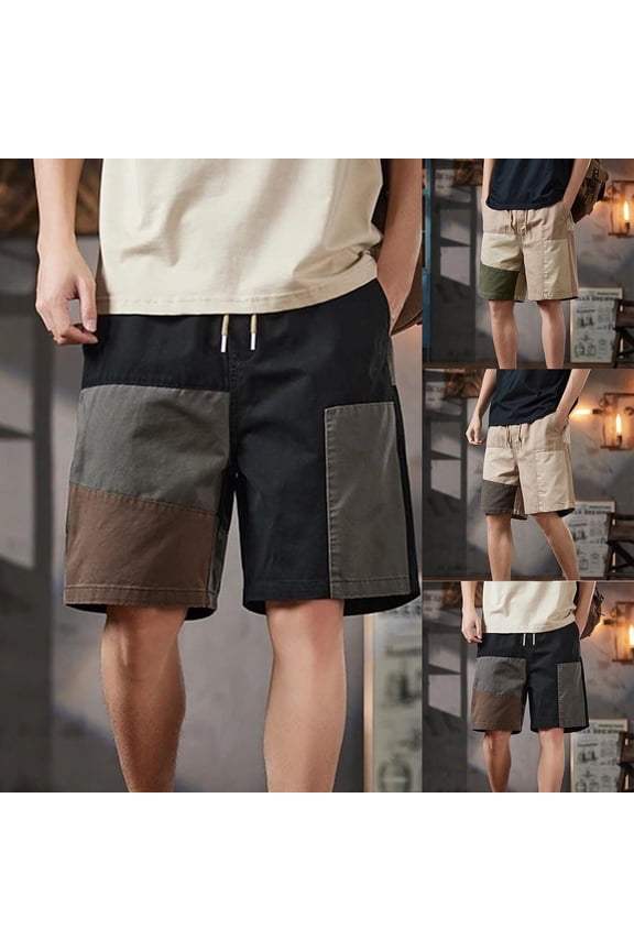 Plus Size Pants for Men,Mens Pants,Mens Loose Casual Patchwork Color Straight Through Five Quarter Pants,Black,XL