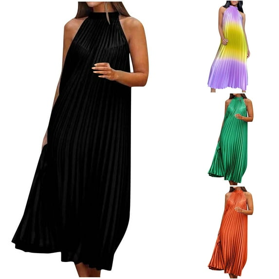 Ahuyic Printed Multi-Color Plus Size Dress For Women, Summer Womens' Sleeveless Halter Long Maxi Dresses,Women's Sleeveless Dual Color Soft Pleated A-Line Wedding Guest Dress