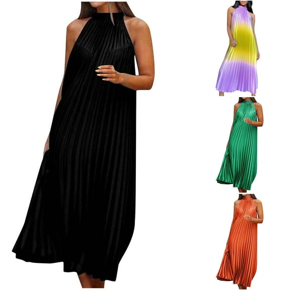 Ahuyic Printed Multi-Color Plus Size Dress For Women, Summer Womens' Sleeveless Halter Long Maxi Dresses,Women's Sleeveless Dual Color Soft Pleated A-Line Wedding Guest Dress