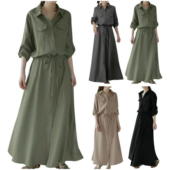 Ahuyic Printed Solid Color Plus Size Dress For Women, Summer Womens' Long Sleeve Long Maxi Dresses,Ladies Short Sleeved Casual Shirt Long Skirt Lapel Loose Dress