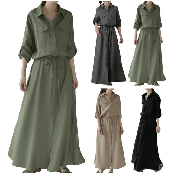 Ahuyic Printed Solid Color Plus Size Dress For Women, Summer Womens' Long Sleeve Long Maxi Dresses,Ladies Short Sleeved Casual Shirt Long Skirt Lapel Loose Dress