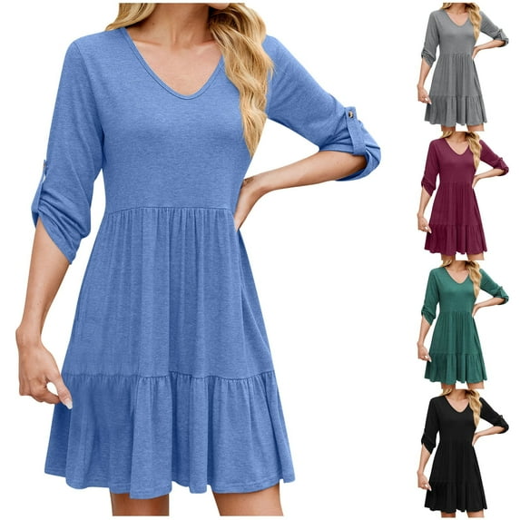 Ahuyic Printed Solid Color Plus Size Dress For Women, Summer Womens' Mid-Sleeve Knee-Length Dresses,Women's Summer Casual Pleated Dress V-Neck Patchwork Dress Formal Dress