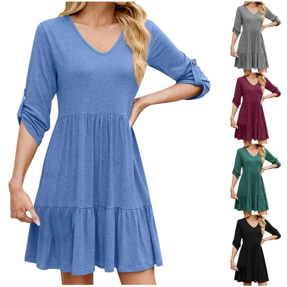 Ahuyic Printed Solid Color Plus Size Dress For Women, Summer Womens' Mid-Sleeve Knee-Length Dresses,Women's Summer Casual Pleated Dress V-Neck Patchwork Dress Formal Dress