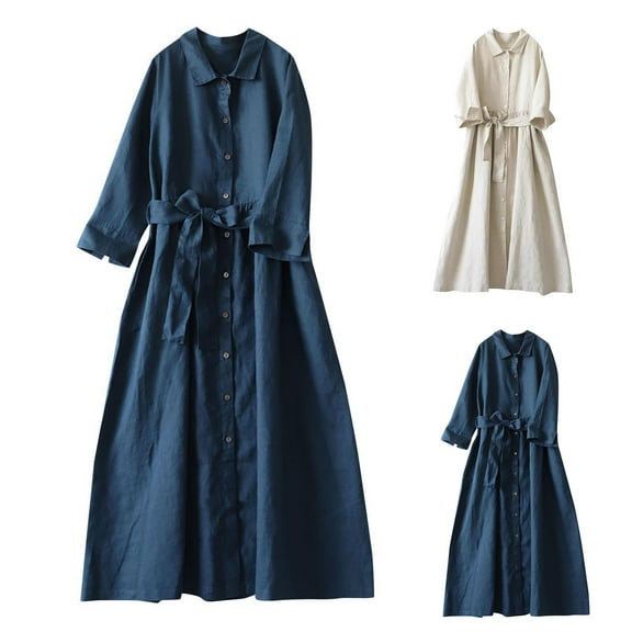 Ahuyic Printed Solid Color Plus Size Dress For Women, Summer Womens' Short Sleeve Knee-Length Dresses,Ladies' Summer Casual Cotton And Linen Collar Shirt Loose Dress