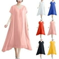 thumbnail image 1 of Ahuyic Printed Solid Color Plus Size Dress For Women, Summer Womens' Short Sleeve Knee-Length Dresses,Ladies' Summer Faux Silk Solid Color Dress Short-Sleeved V-Neck Long Dress, 1 of 5