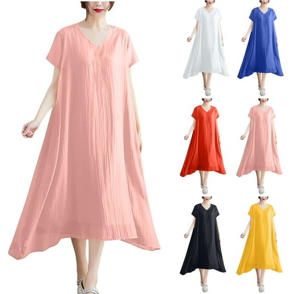 Ahuyic Printed Solid Color Plus Size Dress For Women, Summer Womens' Short Sleeve Knee-Length Dresses,Ladies' Summer Faux Silk Solid Color Dress Short-Sleeved V-Neck Long Dress