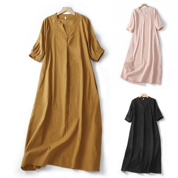 Ahuyic Printed Solid Color Plus Size Dress For Women, Summer Womens' Short Sleeve Knee-Length Dresses,Summer Ladies Casual And Comfortable Mid Length V-Neck Dress