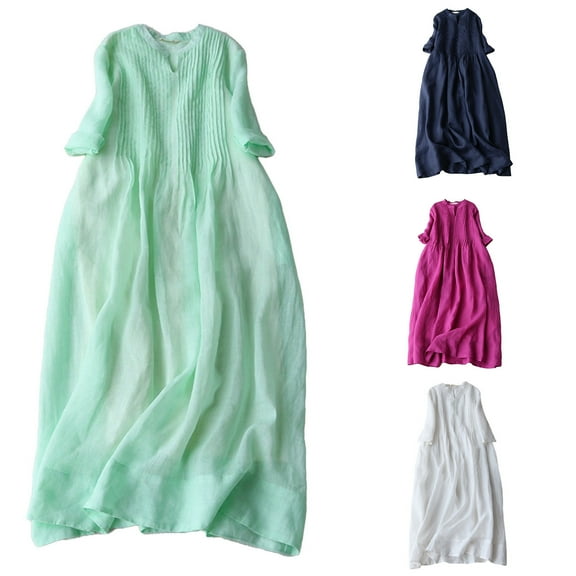 Ahuyic Printed Solid Color Plus Size Dress For Women, Summer Womens' Short Sleeve Knee-Length Dresses,Women's Double-Layer Tie Cinched Waist Vacation Dress Round Neck Pleated Dress