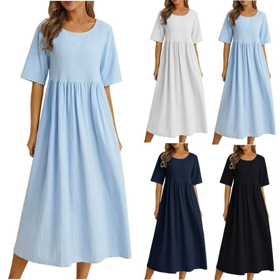 Ahuyic Printed Solid Color Plus Size Dress For Women, Summer Womens' Short Sleeve Long Dresses,Summer Ladies' Loose Cotton And Linen Round-Neck Five-Quarter Sleeve Mid-Length Dress